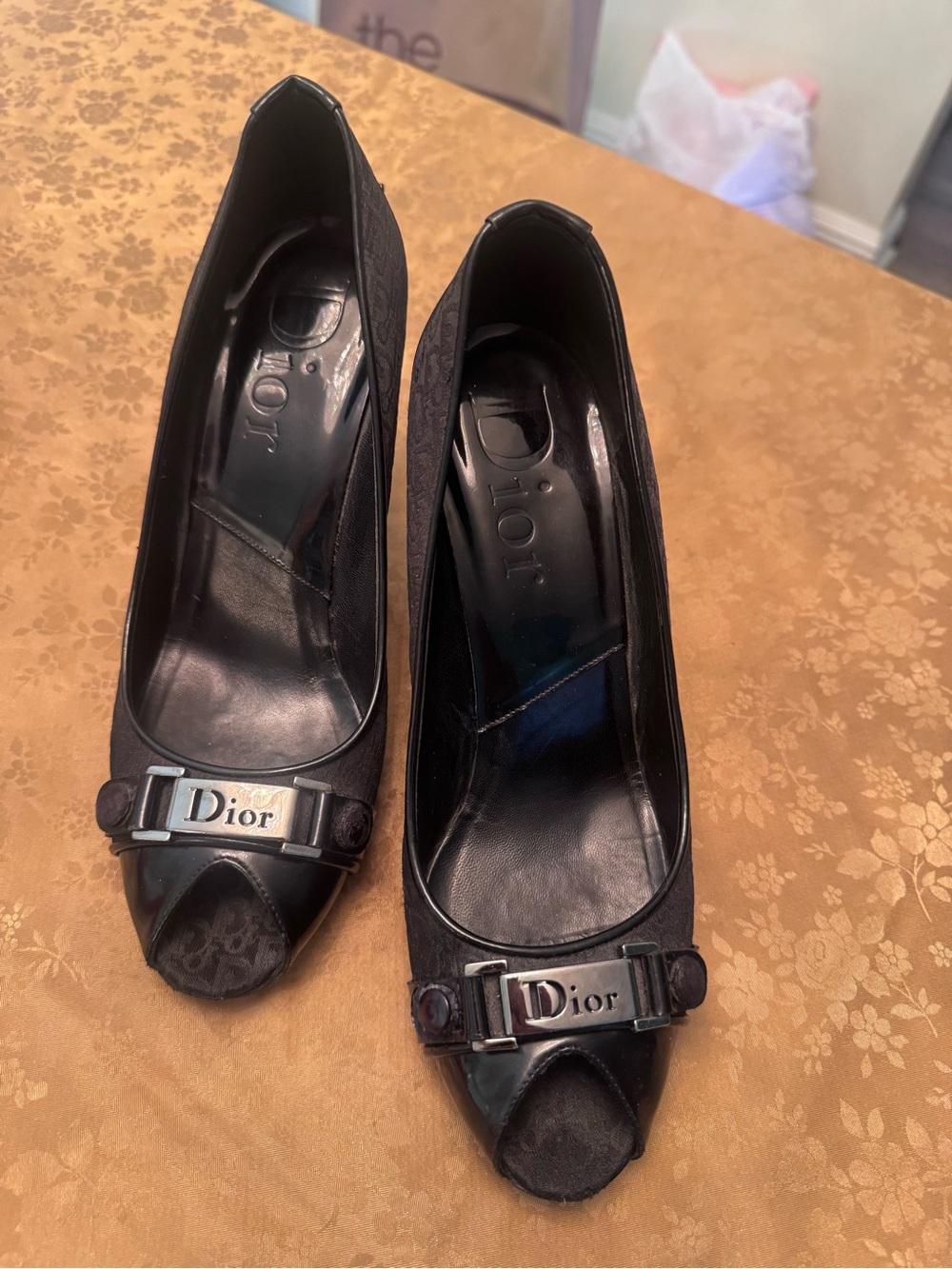 Dior Black Peep-Toe Pumps with Silver Logo Plaque